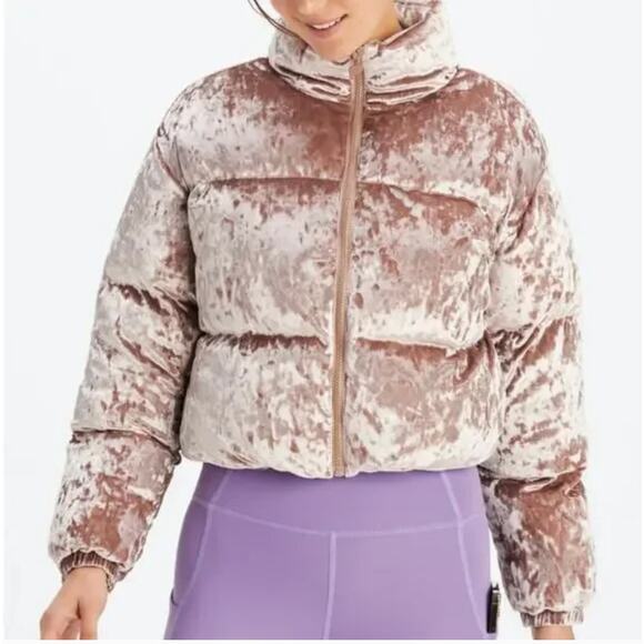 Fabletics Wander Crushed Velour Cropped Puffer Jacket Pink S - Picture 2 of 10